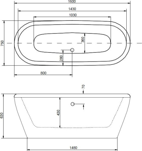 Besco VICTORIA wanna wolnostojąca owalna POD ZABUDOWĘ 160x75 cm WKV-160-WZ