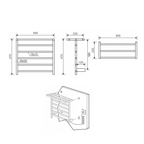 Sapho ELZOR Elektryczna suszarka na ręczniki 500x470mm, 50W, biały mat EB500