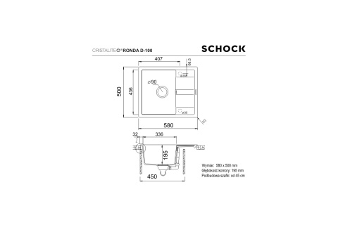 Schock RONDA D-100 CRISTALITE+ Zlewozmywak Granitowy 58x50cm Kolor Moonstone