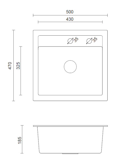Quadron JOHNNY 110 zlewozmywak granitowy czarny 1-komorowy b/o (50x47x18,5), z syfonem i zaślepką stal szlachetna HCQJ5047CZK