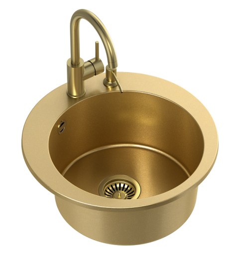 QUADRON ZLEWOZMYWAK GRANITOWY 1kom. 51*51*20 CM MORGAN 210 STEINGRAN ART GOLD ZE ZŁOTYM ODPŁYWEM Z BATERIĄ NAOMI I DOZOWNIKIEM