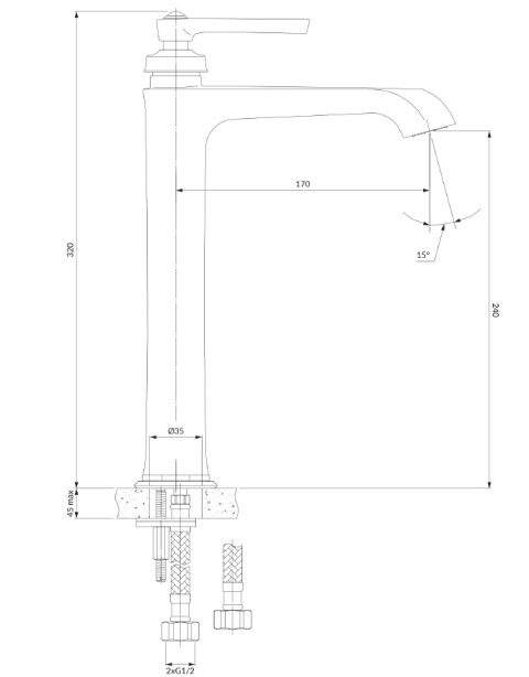 OMNIRES ARMANCE BATERIA UMYWALKOWA WYSOKA, 32 CM MOSIĄDZ SZCZOTKOWANY AM5213BSB