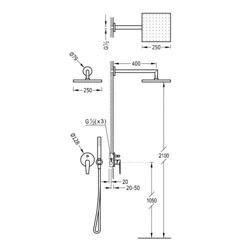 Tres Class zestaw prysznicowy podtynkowy z deszczownicą chrom 205.180.02