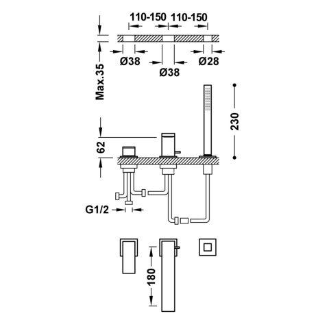 Tres Cuadro Exclusive Jednouchwytowa bateria wannowo-prysznicowa 3-otworowa chrom 00616105