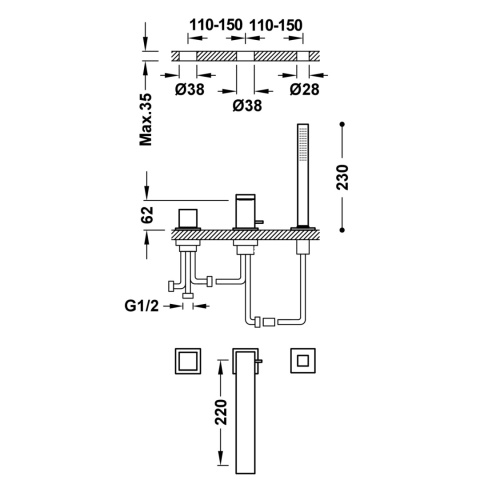 Tres Cuadro-Tres Bateria nawannowa 3 otworowa chrom 00616104