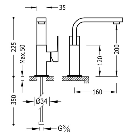 Tres Cuadro-Tres Bateria umywalkowa wylewka 35x15 mm chrom 106603
