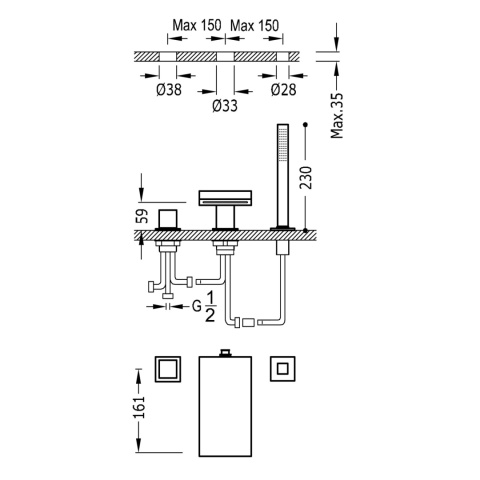 Tres Cuadro-Tres Bateria wannowa 3-otworowa z wylewką chrom 10716102