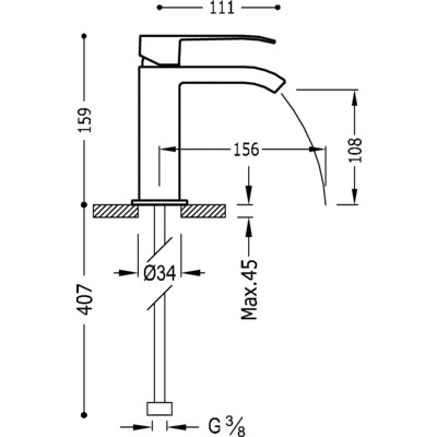 Tres Cuadro-Tres Jednouchwytowa bateria umywalkowa z kaskadową wylewką i dźwignią chrom 006.110.01