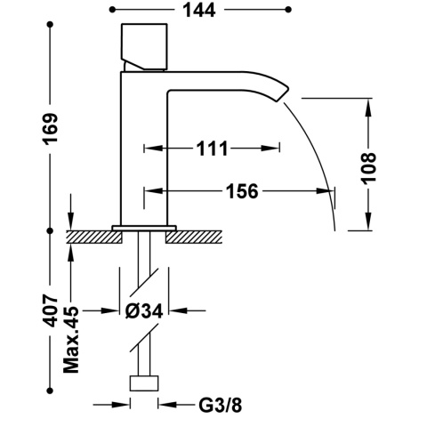 Tres Cuadro-Tres Jednouchwytowa bateria umywalkowa z kaskadową wylewką i pokrętłem chrom 00611002
