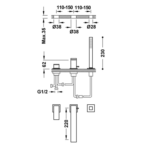 Tres Cuadro-Tres Jednouchwytowa bateria wannowa 3-otworowa podtynkowa chrom 00616103