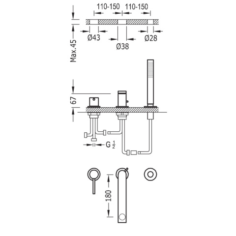 Tres Max-Tres Jednouchwytowa bateria wannowo-prysznicowa 3-otworowa chrom 062.161.03