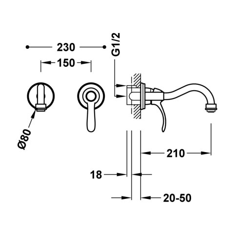 Tres Clasic bateria umywalkowa ścienna chrom 24220001
