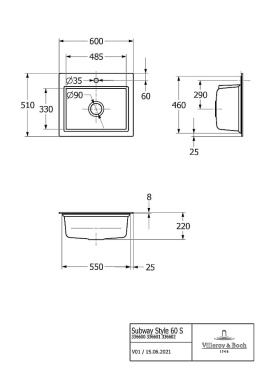 Villeroy & Boch Zlewozmywak SUBWAY Style 60S MAN. snow white PREMIUMLINE, ociekacz aluminium VB-3366 01KG