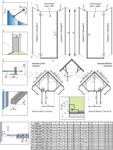 Radaway Essenza PTJ kabina prysznicowa 80x100 cm pięciokątna prawa chrom/szkło przezroczyste 1385010-01-01R/1385054-01-01