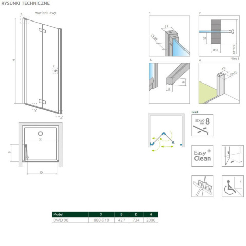Radaway Nes 8 DWB Black drzwi prysznicowe 90 cm wnękowe składane lewe czarny mat/szkło przezroczyste 10079090-54-01L