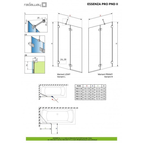 Radaway Essenza Pro Gold PND II parawan nawannowy 140 cm lewy złoty/szkło przezroczyste 10102140-09-01L