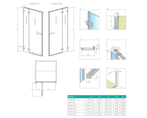 Radaway Euphoria DWJ drzwi wnękowe 100 cm lewe ze ścianką krótką chrom/szkło przezroczyste 383612-01L/383214-01L
