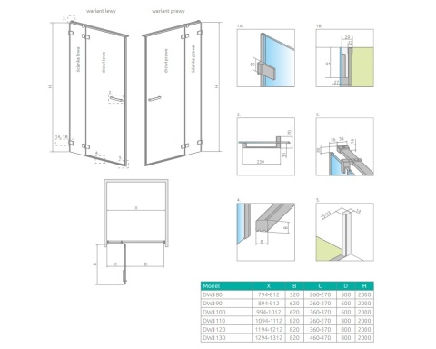 Radaway Euphoria DWJ drzwi wnękowe 90 cm lewe ze ścianką krótką chrom/szkło przezroczyste 383612-01L/383212-01L