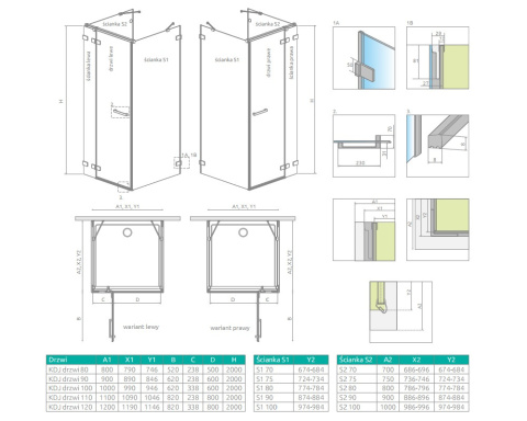 Radaway Euphoria KDJ+S drzwi jednoczęściowe 120 cm prawe ze ścianką krótką chrom/szkło przezroczyste 383812-01R/383220-01R