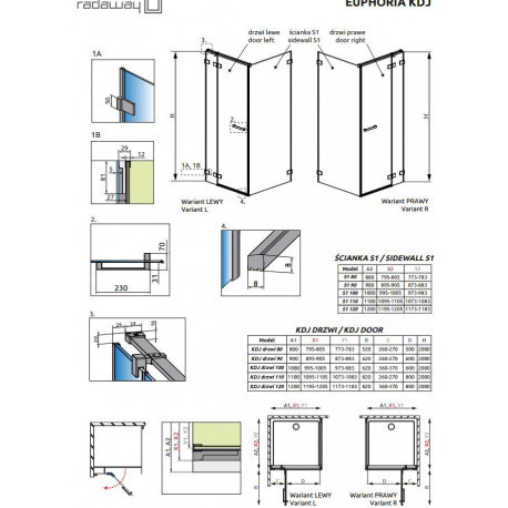 Radaway Euphoria KDJ drzwi prysznicowe 120 cm prawe ze ścianką krótką chrom/szkło przezroczyste 383812-01R/383240-01R