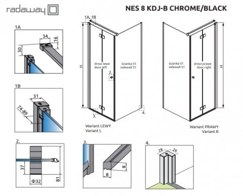 Radaway Nes 8 KDJ B drzwi prysznicowe 100 cm prawe chrom/szkło przezroczyste 10075100-01-01R