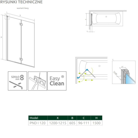 Radaway Nes 8 PND I parawan nawannowy 120 cm lewy chrom/szkło satynowe 10060120-01-01L