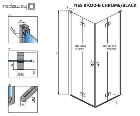 Radaway Nes Black KDD-B kabina prysznicowa część prawa 90x90 cm kwadratowa 10074090-54-01R