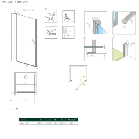 Radaway Nes Black DWJ I drzwi prysznicowe 70 cm lewe czarny mat/szkło Frame 10026070-54-56L