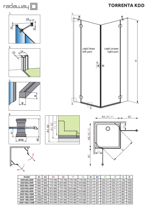 Radaway Torrenta KDD kabina prysznicowa 100x80 cm prostokątna chrom/szkło przezroczyste 132273-01-01L