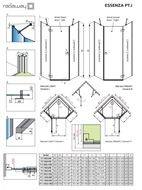 Wpisz KOD: PROMO - 10% Radaway Essenza New Black PTJ drzwi prysznicowe 60 cm prawe czarny mat/szkło przezroczyste 1385010-54-01R
