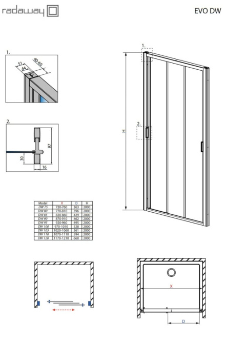 Radaway Evo DW+S drzwi prysznicowe 85 cm chrom/szkło przezroczyste 335085-01-01
