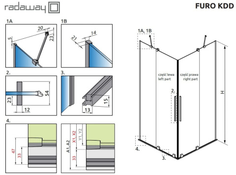 Wpisz KOD: PROMO - 10% Radaway Furo KDD kabina prysznicowa część lewa 120x120 cm kwadratowa 10105120-54-01L