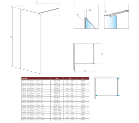 Wpisz KOD: PROMO - 10% Radaway Modo New Black II Frame Walk-In ścianka prysznicowa 90 cm wolnostojąca czarny mat/szkło Frame 389094-54-56