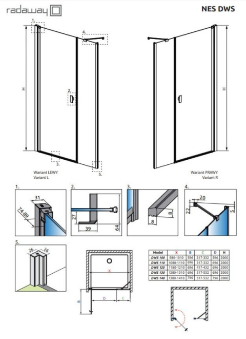 Radaway Nes Black KDJ-B drzwi prysznicowe 80 cm prawe czarny mat/szkło przezroczyste 10025080-54-01R