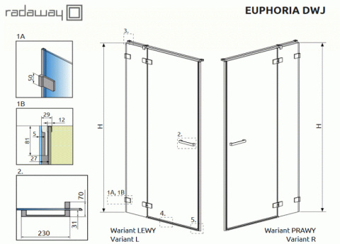 Radaway Euphoria DWJ ścianka prysznicowa 24,3 cm prawa szkło przezroczyste 383212-01R