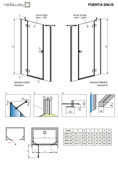 Radaway Fuenta Chrome DWJ+S drzwi prysznicowe 140 cm uchylne chrom połysk/szkło przezroczyste 1384033-01-01L