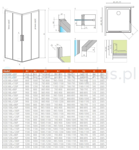 Wpisz KOD: PROMO - 10% Radaway Idea Gold KDD kabina prysznicowa część lewa 90x90 cm kwadratowa złoty połysk/szkło przezroczyste 387060-09-01L