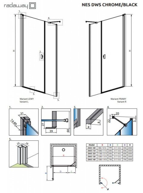 Radaway Nes DWS drzwi prysznicowe 120 cm wnękowe lewe chrom/szkło przezroczyste 10028120-01-01L