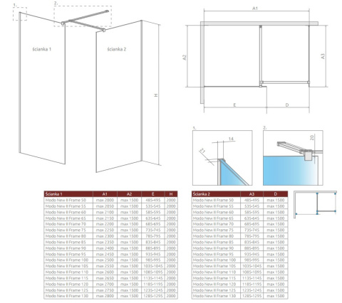 Radaway Modo New Black II Frame Walk-In ścianka prysznicowa 70 cm wolnostojąca czarny mat/szkło frame 389074-54-56
