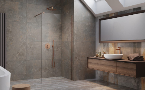 Wpisz KOD: PROMO - 10% Radaway Modo New Brushed Copper II Walk-In ścianka 95 cm wolnostojąca miedź szczotkowana/szkło przezroczyste 389095-93-01