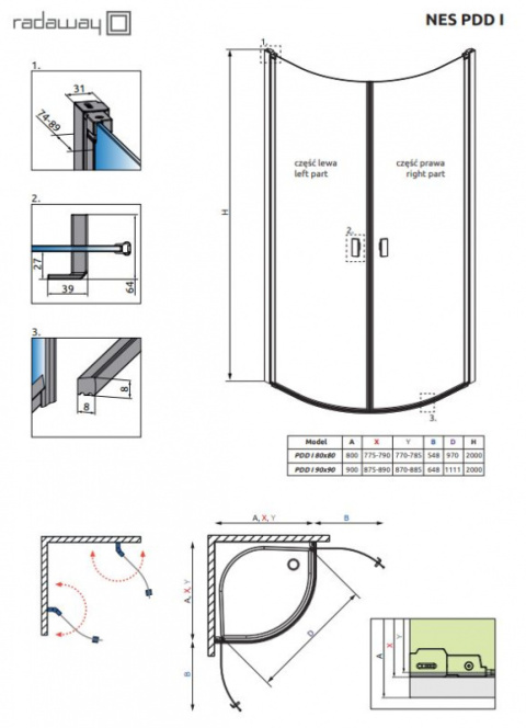 Radaway Nes PDD I kabina prysznicowa część lewa 90x90 cm półokrągła chrom połysk/szkło przezroczyste 10020090-01-01L