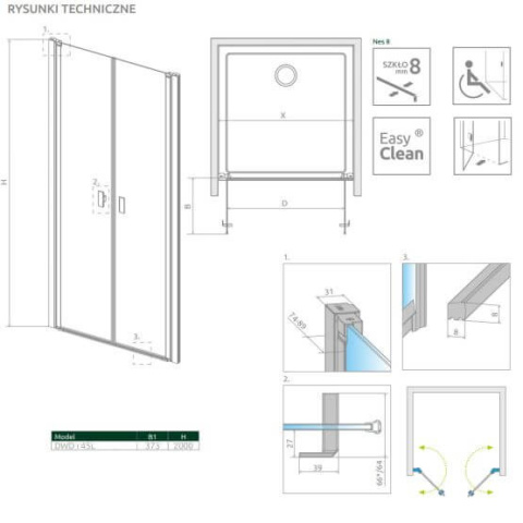 Radaway Nes 8 Black DWD I drzwi prysznicowe 45 cm prawe czarny mat/szkło przezroczyste 10077045-54-01R