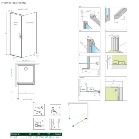 Radaway Nes Black S1 ścianka prysznicowa 70 cm boczna czarny mat/szkło Frame 10039070-54-56