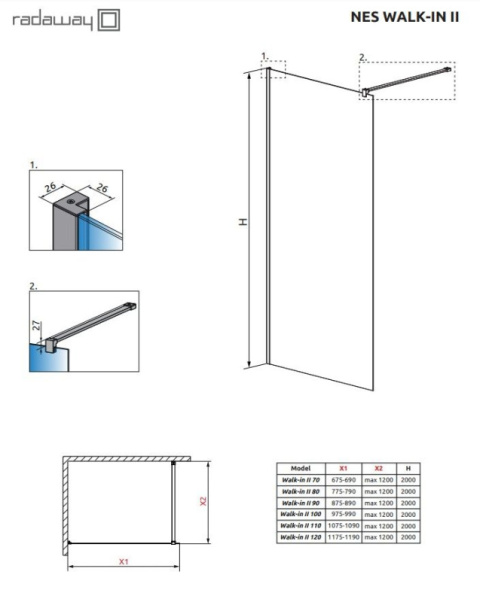 Radaway Nes Black Walk-In II ścianka prysznicowa 70 cm wolnostojąca czarny mat/szkło przezroczyste 10013070-54-01