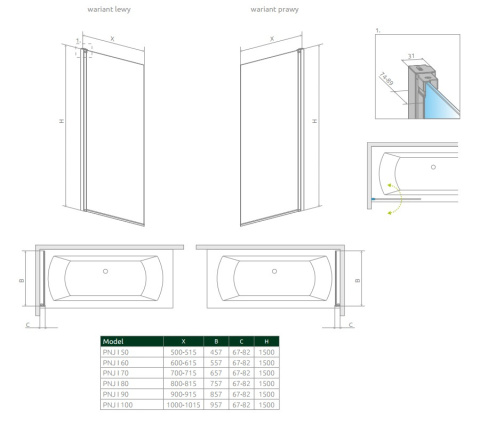 Radaway Nes PNJ I parawan nawannowy 90 cm lewy szkło przezroczyste 10011090-01-01L