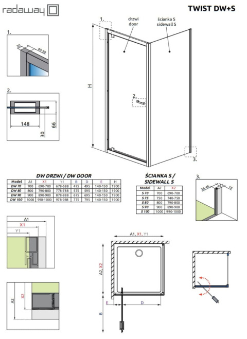Radaway Twist drzwi prysznicowe 90 cm uchylne chrom połysk/szkło przezroczyste 382002-01
