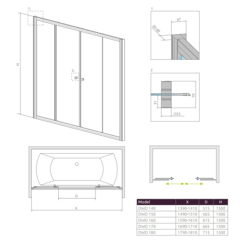 Radaway Vesta DWD parawan nawannowy 170 cm z drzwiami przesuwnymi 203170-06
