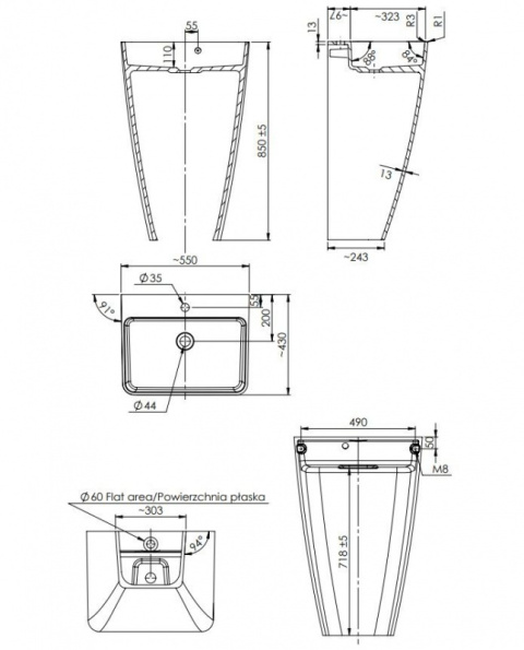 Omnires Parma M+ Umywalka wolnostojąca 55x43 cm z otworem na baterię biała/czarny połysk PARMAUWBCP