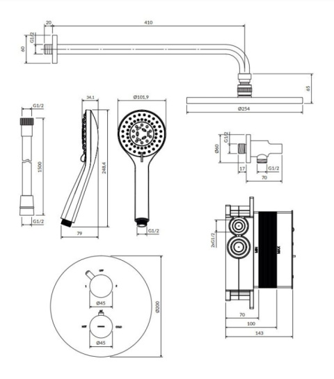 Omnires Y Zestaw prysznicowy termostatyczny podtynkowy z deszczownicą biały mat SYSYT05WM