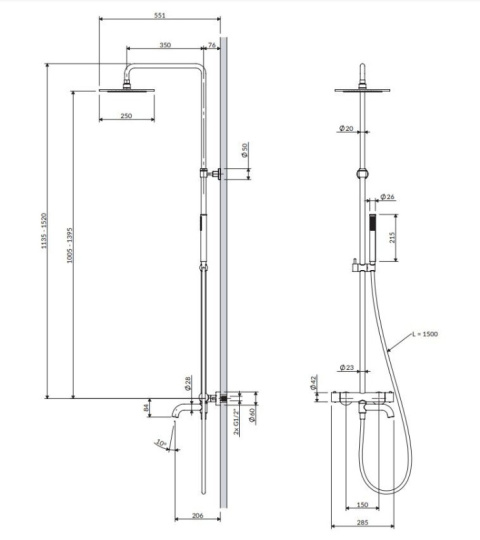 Omnires Y Zestaw wannowo-prysznicowy termostatyczny natynkowy z deszczownicą miedź Y1234CP
